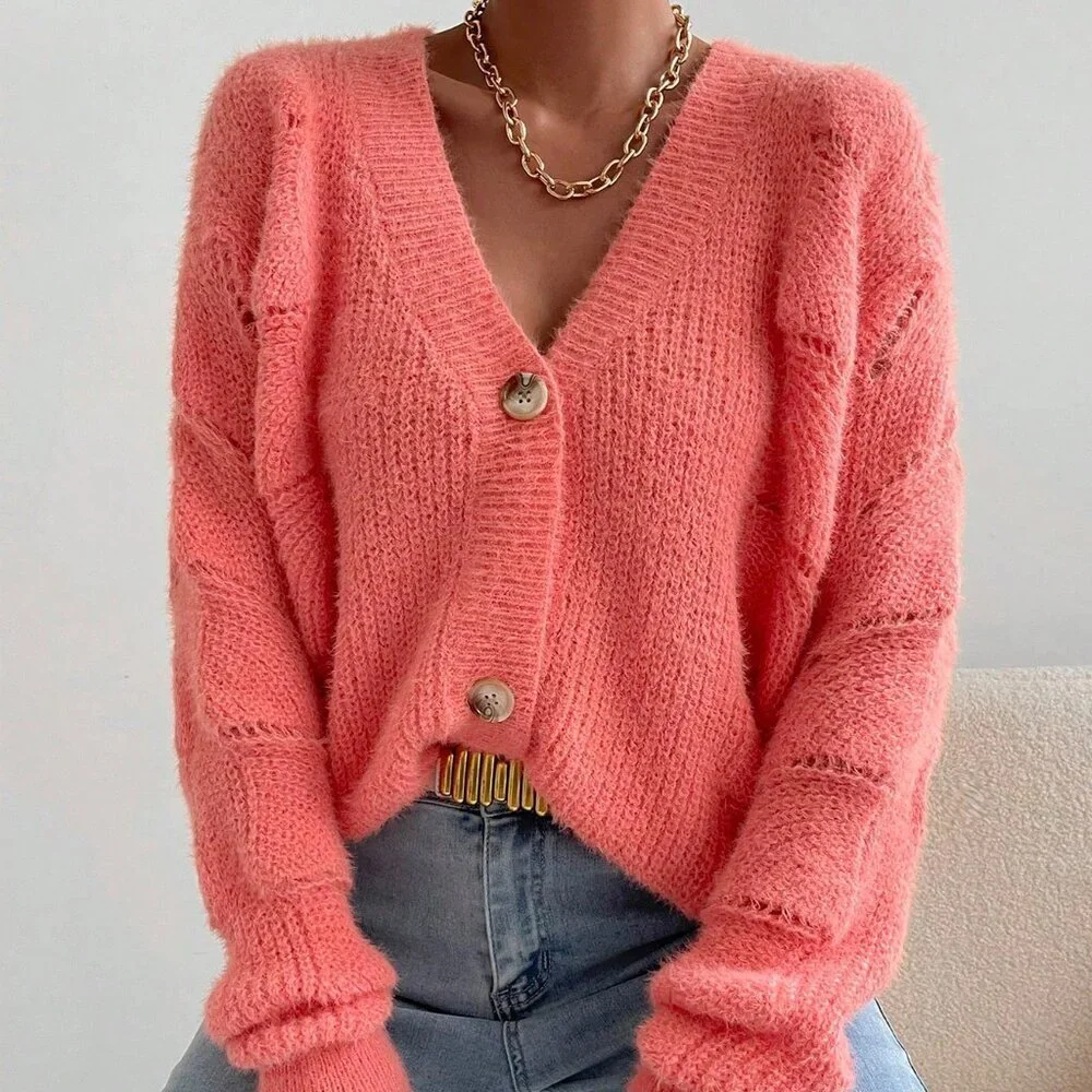 Pink Casual Women's Drop Shoulder Button Front Cardigan - Picture 3 of 6